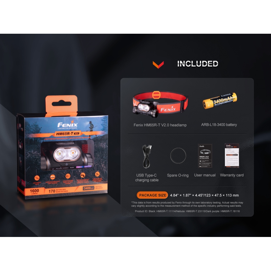 Fenix HM65RTV20BLC- LED Dimbaar oplaadbaar hoofdlamp LED/USB/2xCR123A IP68 3400 mAh zwart/oranje