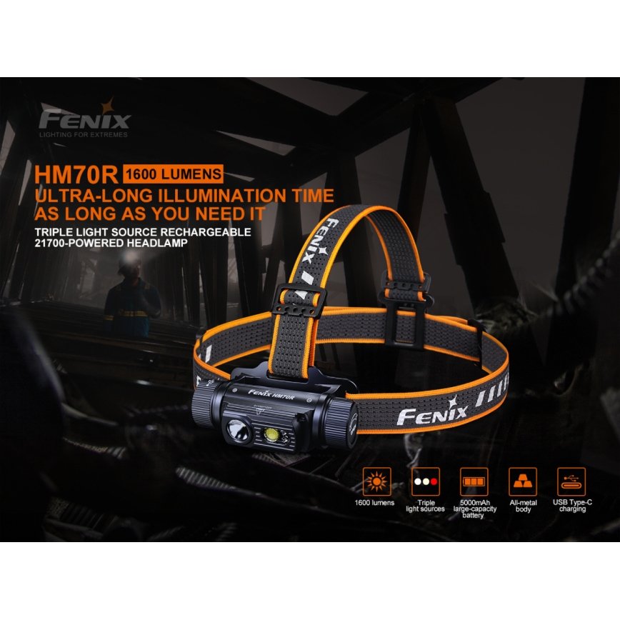 Fenix HM70R - Lampe frontale rechargeable 4xLED/1x21700 IP68 1600 brillant 800 h 5000 mAh