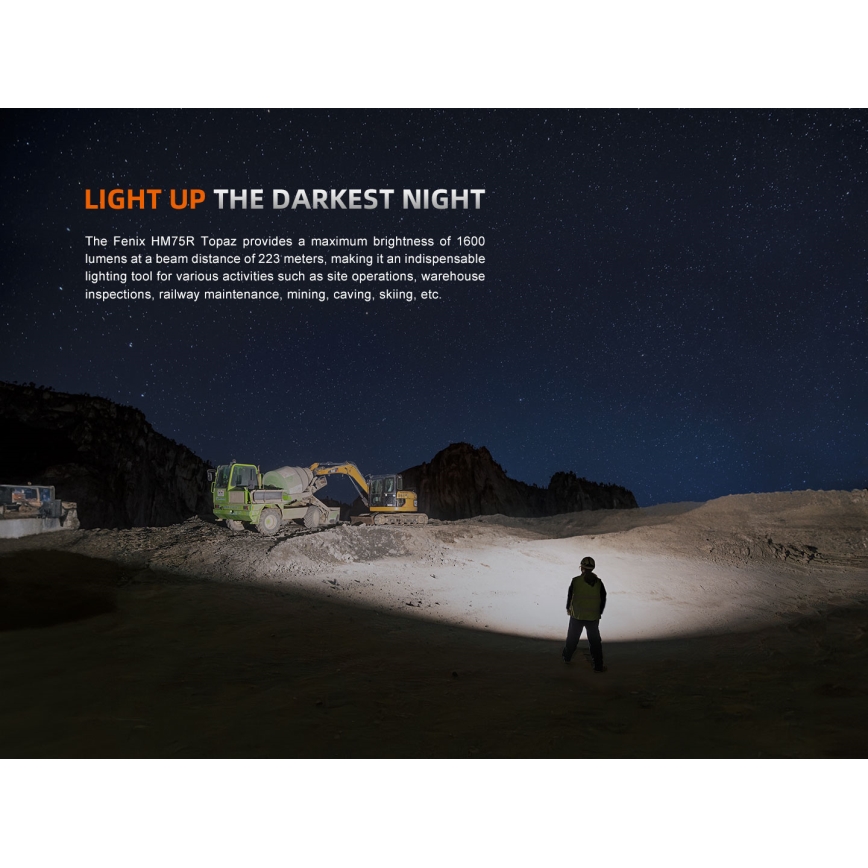 Fenix HM75RTOPAZ - Lampe frontale rechargeable à intensité variable LED/USB IP68 1600 lumens 210 h 4000 mAh