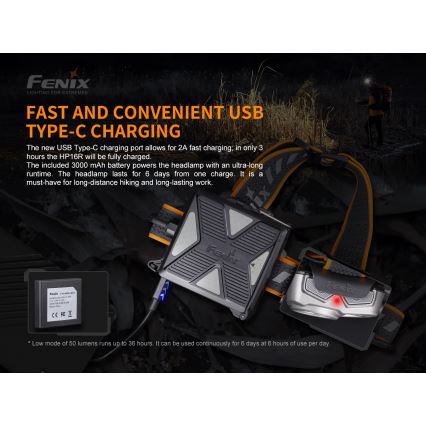 Fenix HP16R1250 - Lampe frontale rechargeable 3xLED/USB 4xAA IP66 1250 lm 600 h 3000 mAh