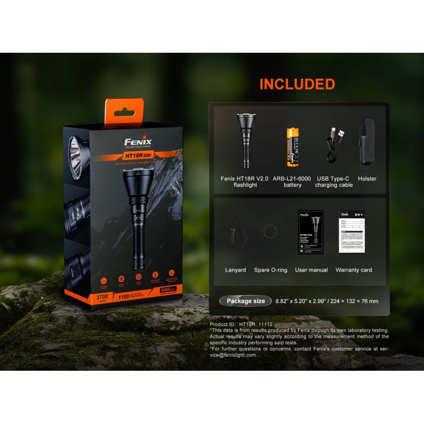 Fenix HT18RV20 - Lampe torche rechargeable LED à intensité variable USB 6000 mAh IP68 3700 lm 87 h noire