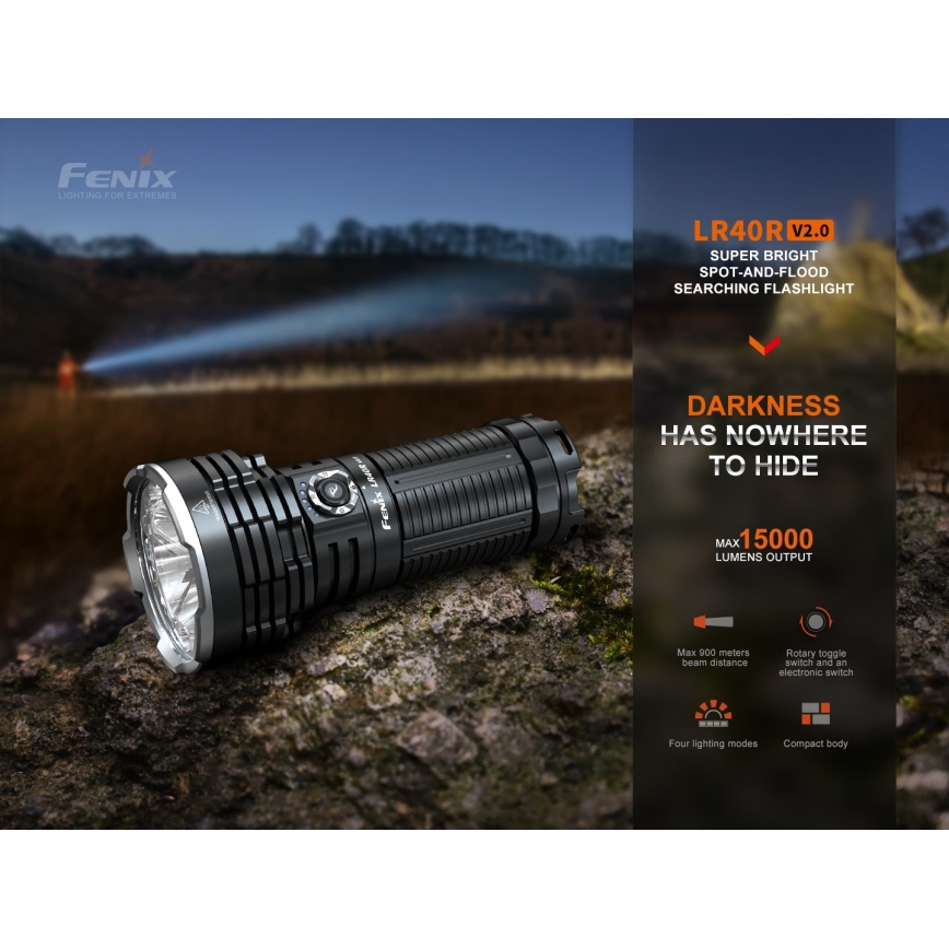Fenix LR40RV20 - Lampe torche rechargeable LED/USB IP68 15000 brillant 177 h 5000 mAh