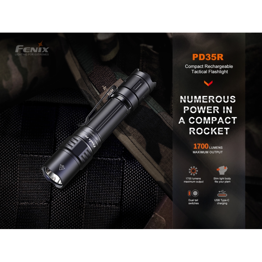 Fenix PD35R - Lampe torche rechargeable LED/USB/2xCR123A IP68 1700 lm 100 h 3400 mAh