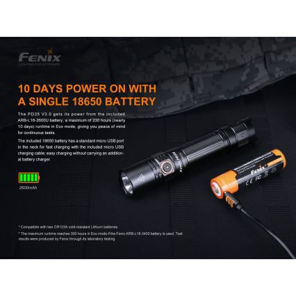 Fenix PD35V30 - Lampe torche rechargeable LED/USB/2xCR123A IP68 1700 brillant 230 h 2600 mAh