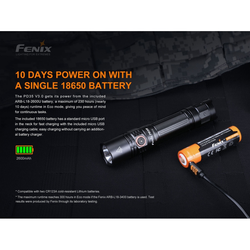 Fenix PD35V30 - Lampe torche rechargeable LED/USB/2xCR123A IP68 1700 brillant 230 h 2600 mAh
