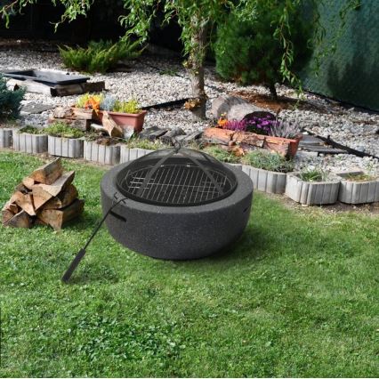 Feu de camp portatif en bois avec grille gris