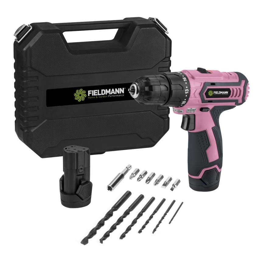 Fieldmann - Perceuse sans fil avec accessoires 12V 1300 mAh rose/noire