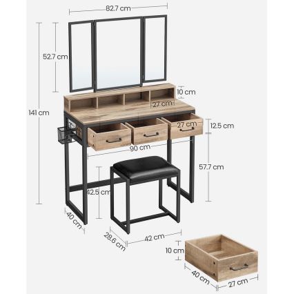FLORA toilettafel met kruk, 28,6 x 42 cm, bruin/zwart