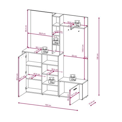 Garderobewand met spiegel KEVIN bruin/zwart