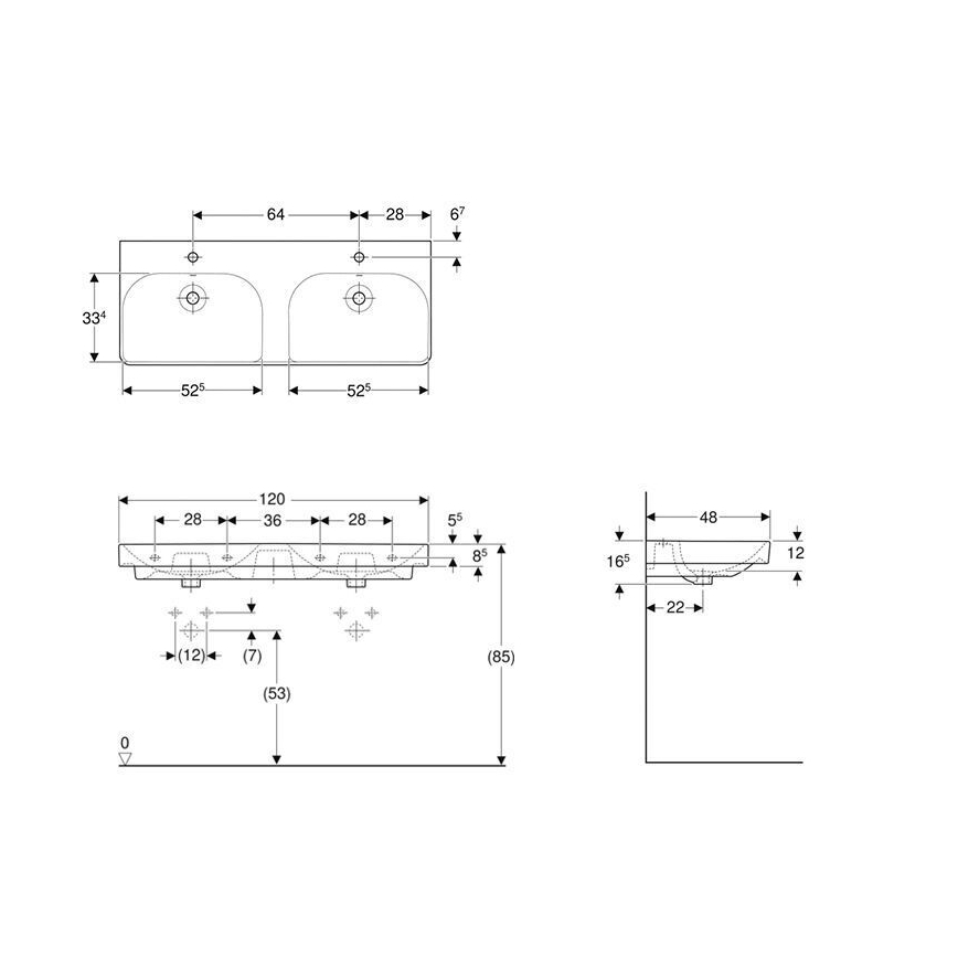 Geberit 500.223.01.1 - Wandhangende dubbele wastafel Smyle Square 120x48 cm keramiek/wit