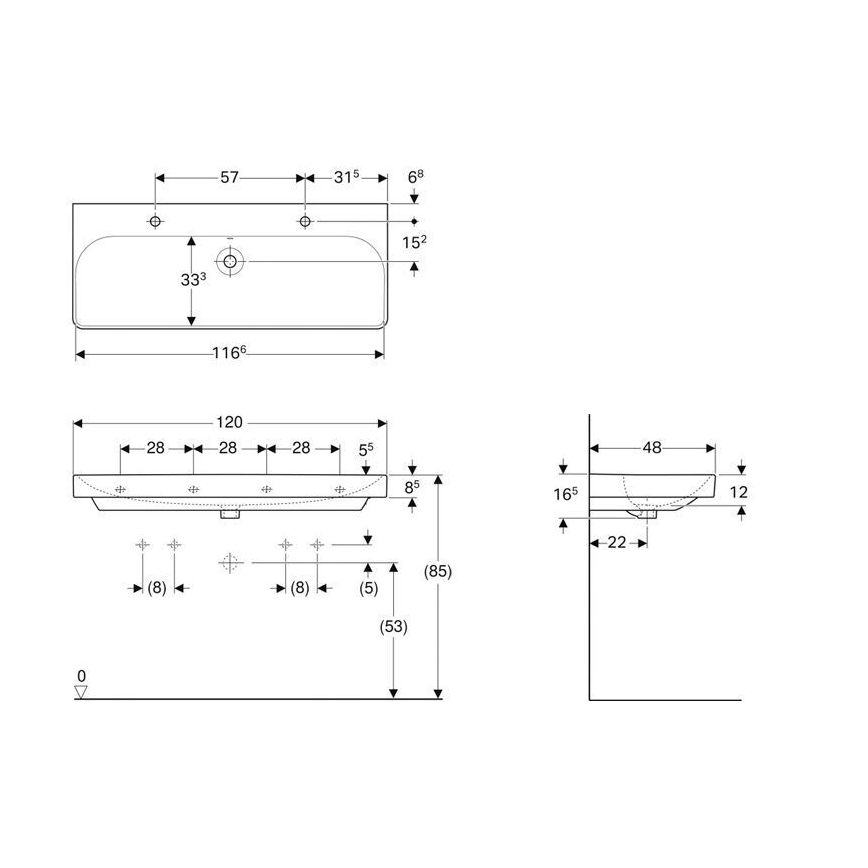 Geberit 500.253.01.1 - Hangende dubbele wastafel Smyle Square 120 x 48 cm, keramiek/wit