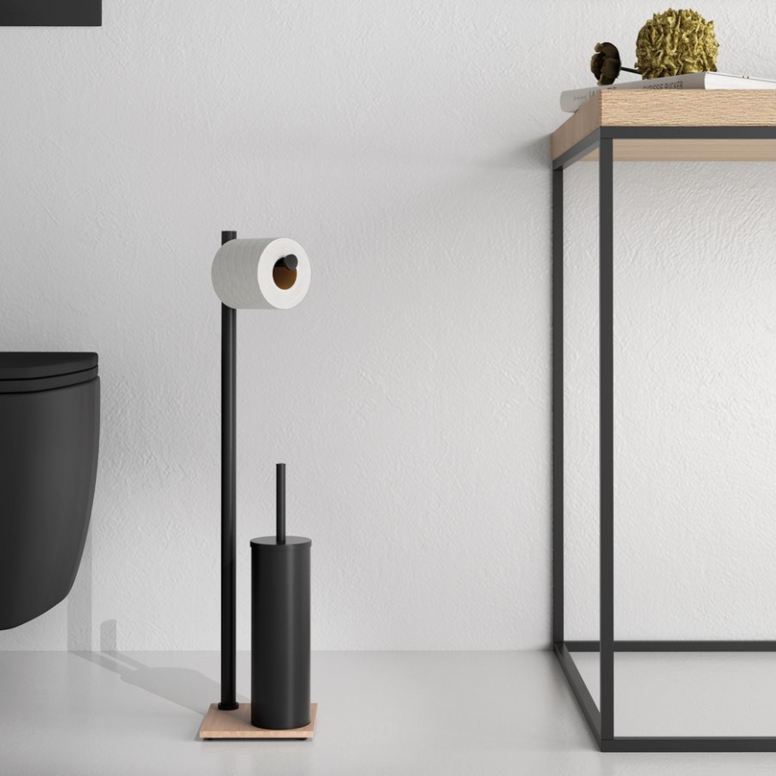 Gedy - Brosse WC sur pied avec porte-rouleau de papier toilette TRILLY noir mat/bambou