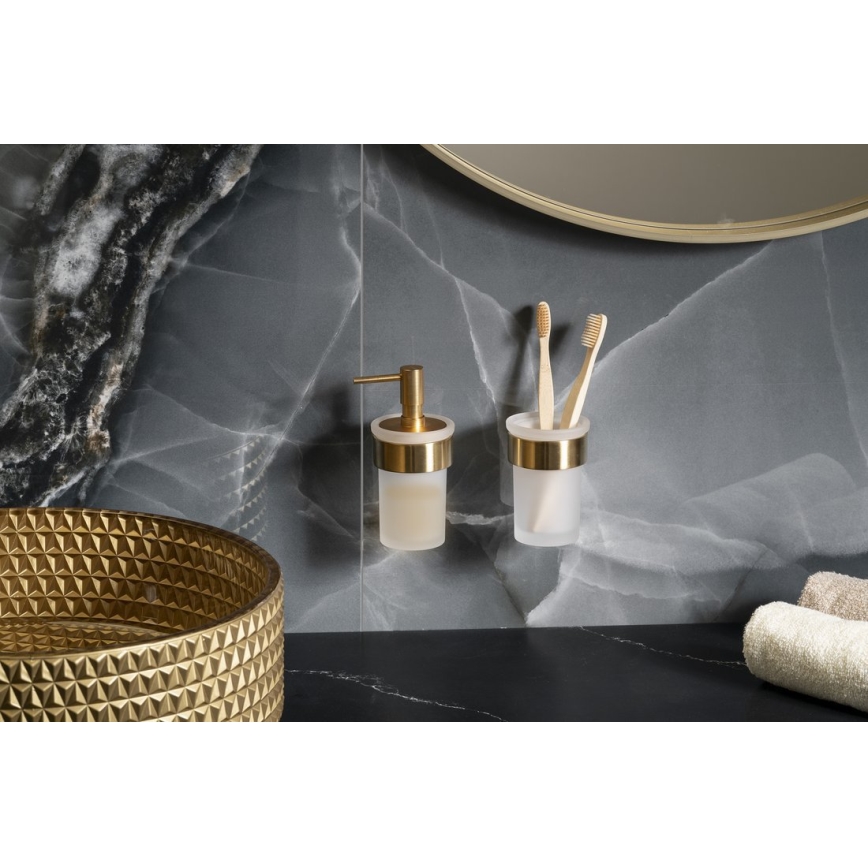 Gedy - Distributeur de savon mural PIRENEI 110 ml en verre opalin / finition or mat