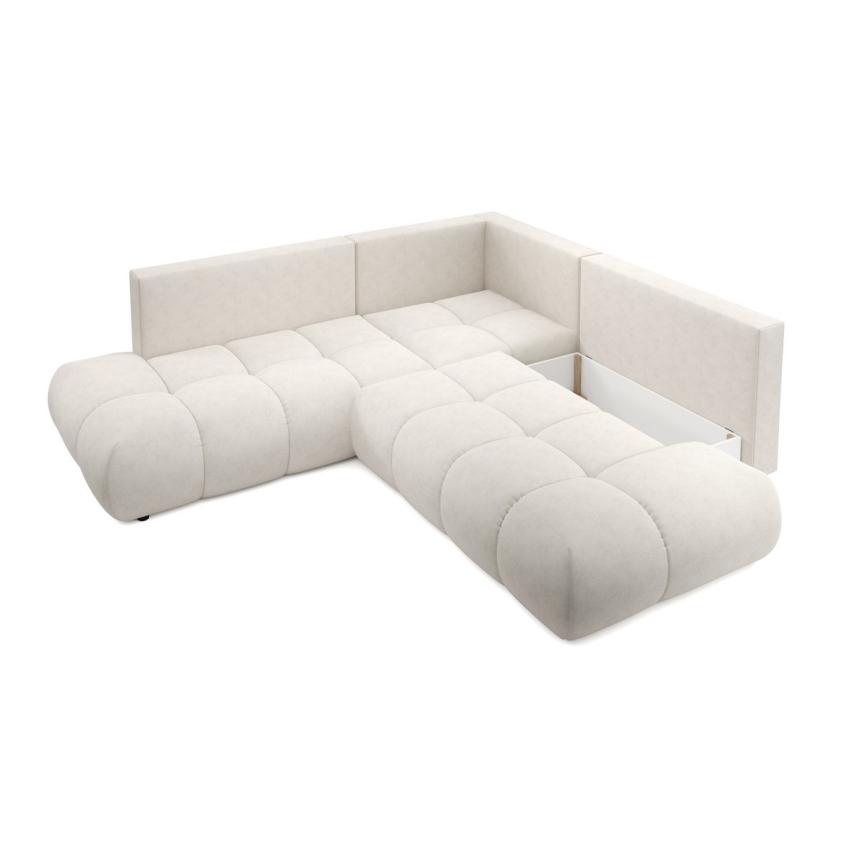 Uitschuifbare L-vormige gestoffeerde hoekbank ALMADA, rechts, met opbergruimte, beige