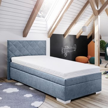 Gestoffeerd bed LANA 90 x 200 cm met opbergruimte en matras, blauw