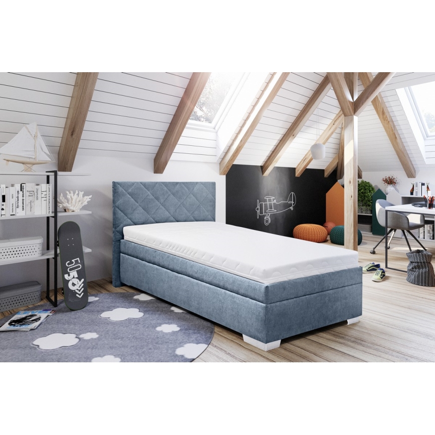 Gestoffeerd bed met een opslagruimte en matras LANA 90x200 cm blauw
