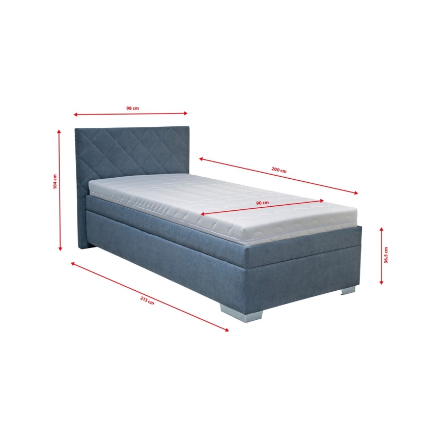 Gestoffeerd bed met een opslagruimte en matras LANA 90x200 cm blauw