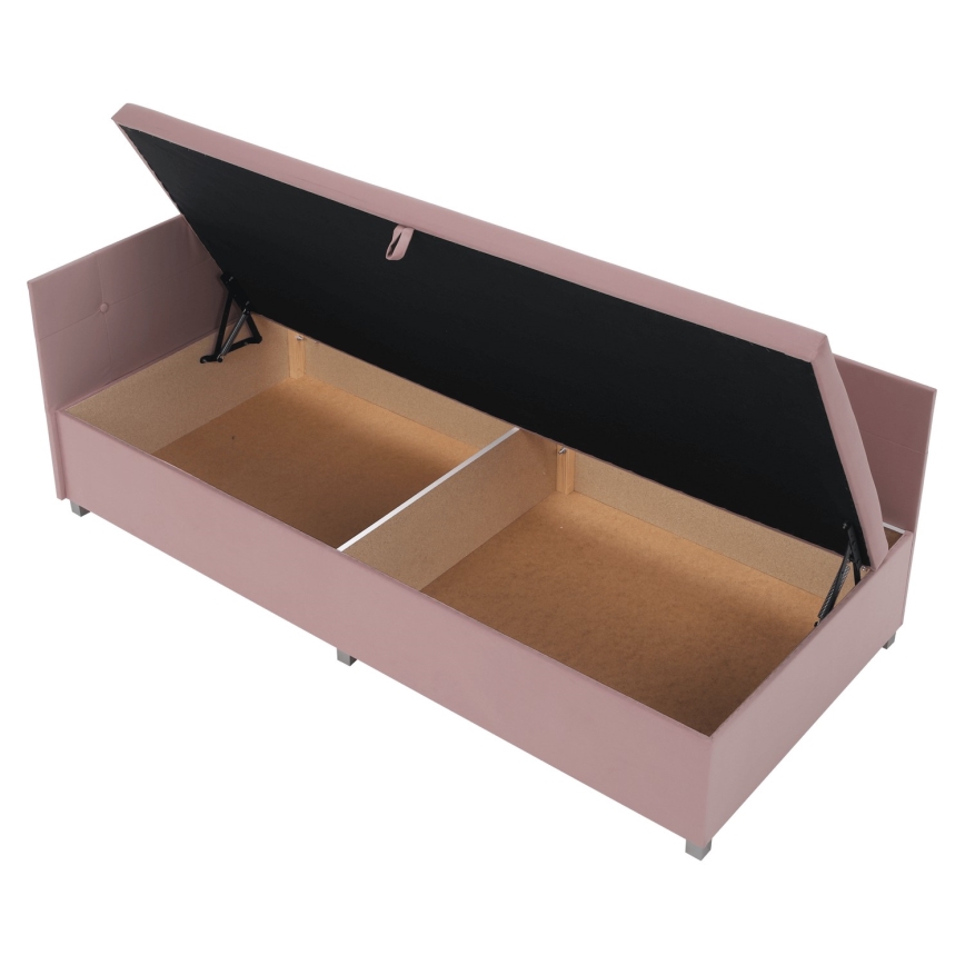 Gestoffeerd eenpersoonsbed AMSTERDAM 90x200 cm met universeel hoofdeinde en opbergruimte, roze