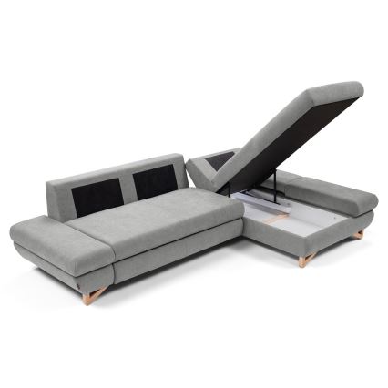 Uitklapbare gestoffeerde L-hoekbank AVESTA met opbergruimte, rechts, grijs