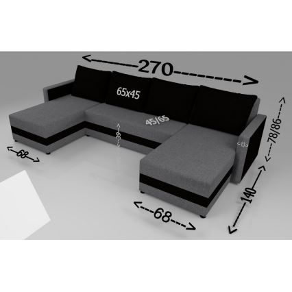 Gestoffeerde, universeel opvouwbare U-vormige loungeset BRISTOL grijs/zwart