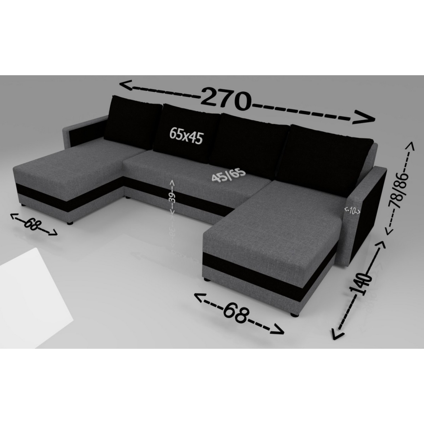 Gestoffeerde, universeel opvouwbare U-vormige loungeset BRISTOL grijs/zwart
