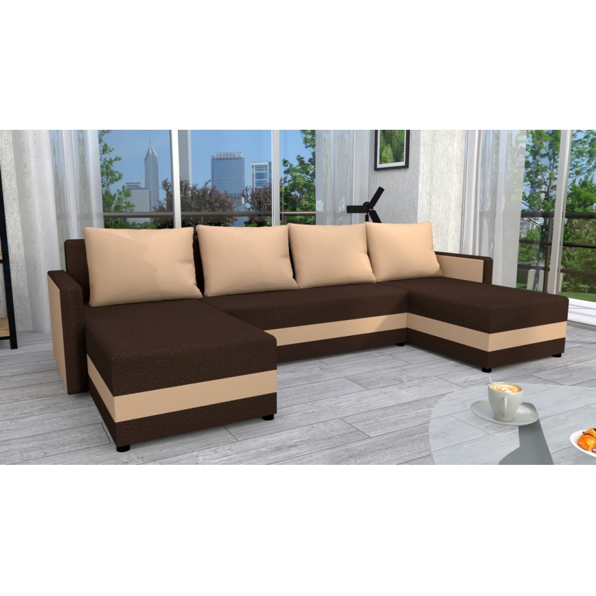 Gestoffeerde, universele, opvouwbare U-vormige hoekbank BRISTOL bruin/beige