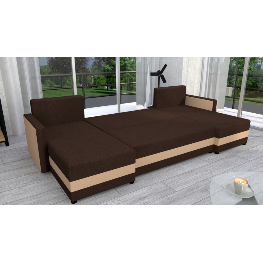 Gestoffeerde, universele, opvouwbare U-vormige hoekbank BRISTOL bruin/beige