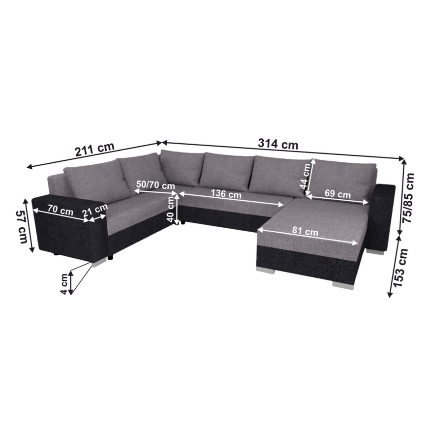 Gestoffeerde universele U-vormige slaapbank YORK, grijs/zwart