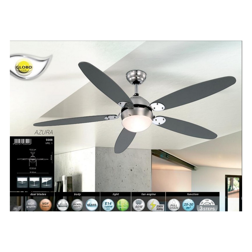 GLOBO 0308 - Ventilateur de plafond AZURA 1xE14/60W/230V