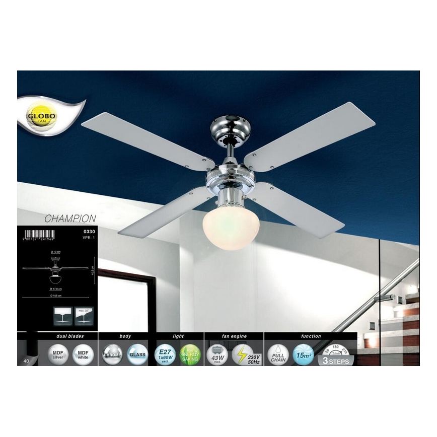 GLOBO 0330 - Ventilateur de plafond CHAMPION 1xE27/60W/230V