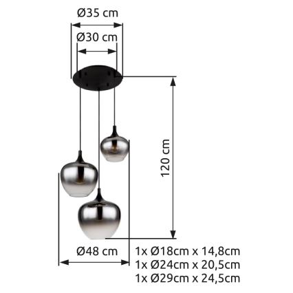 Globo - Hanglamp aan een koord 3xE27/40W/230V diameter 48 cm zwart
