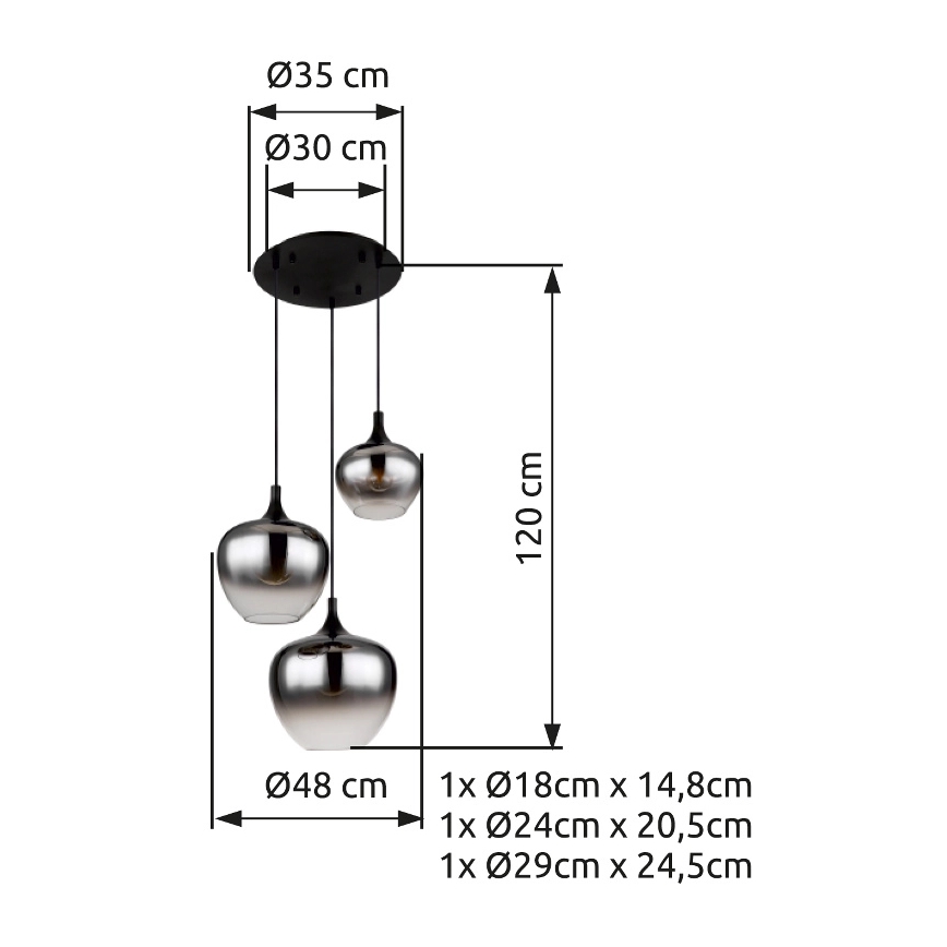 Globo - Hanglamp aan een koord 3xE27/40W/230V diameter 48 cm zwart