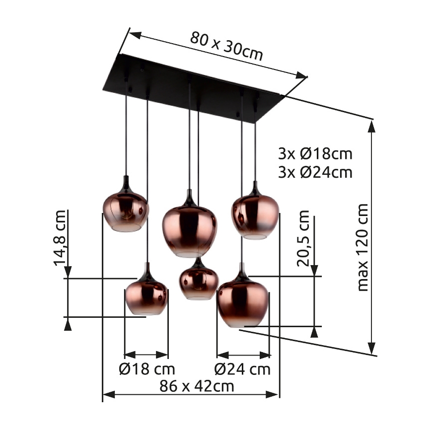 Globo - Koperen kroonluchter aan kabel 6xE27/40W/230V