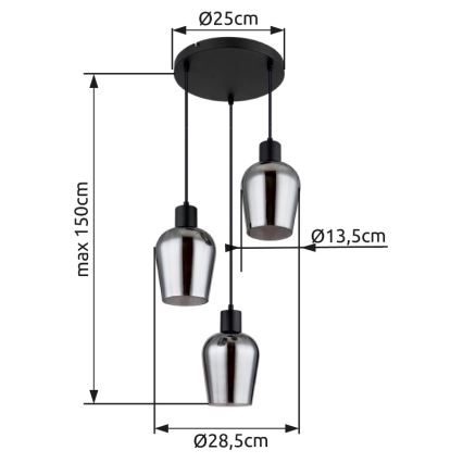 Globo - Hanglamp aan een koord 3xE27/40W/230V diameter 28,5 cm zwart