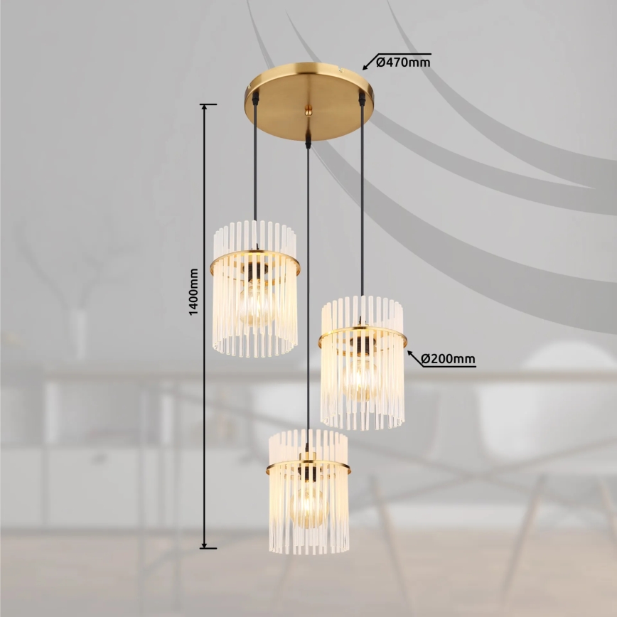 Globo - Suspension filaire 3xE27/60W/230V d. 47 cm doré