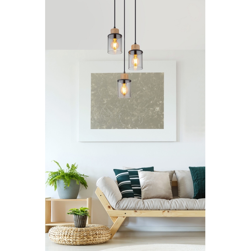 Globo - Hanglamp aan een koord 3xE27/15W/230V diameter 27 cm eiken