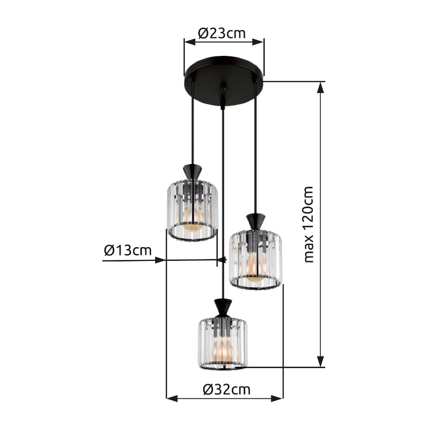 Globo - Suspension filaire 3xE27/60W/230V d. 32 cm noir