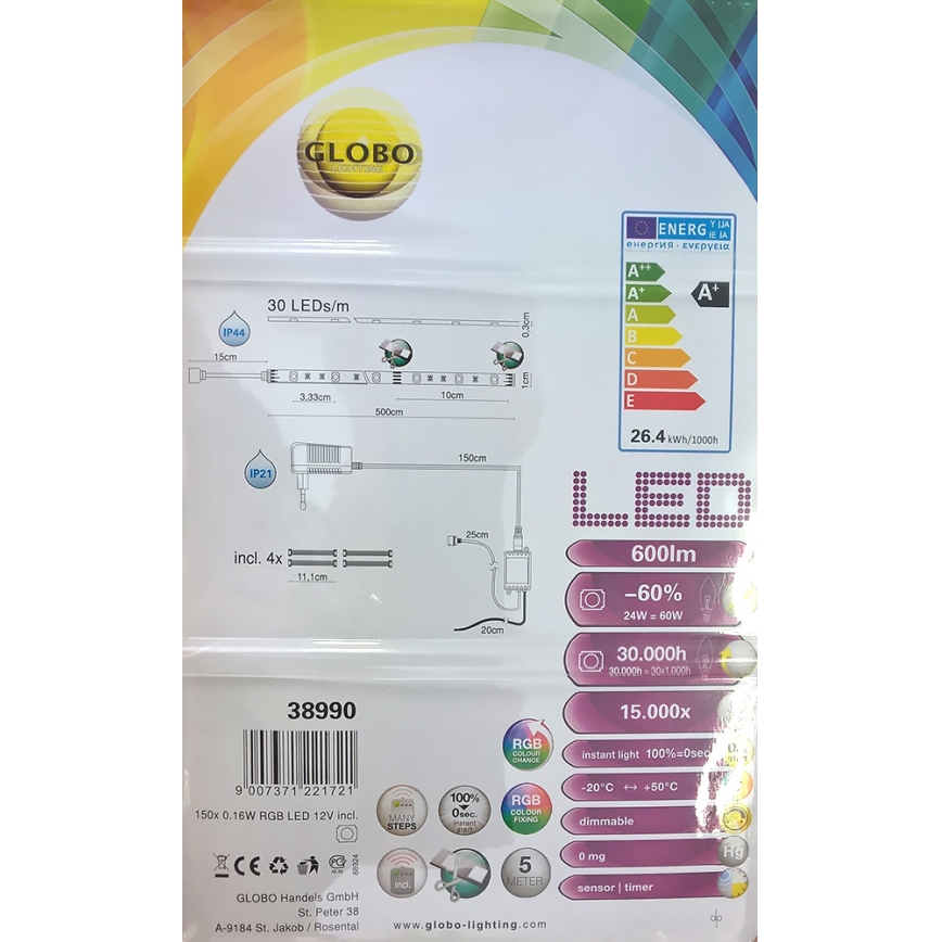 Globo 38990 - RGB Badkamer LED Strip LED BAND 150x LED / 0,16W  IP44