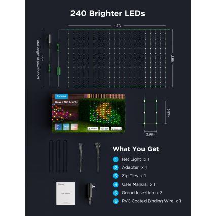 Govee - Filet lumineux LED RGBIC d'extérieur 143 × 85 cm, Wi‑Fi et compatible Matter, IP65