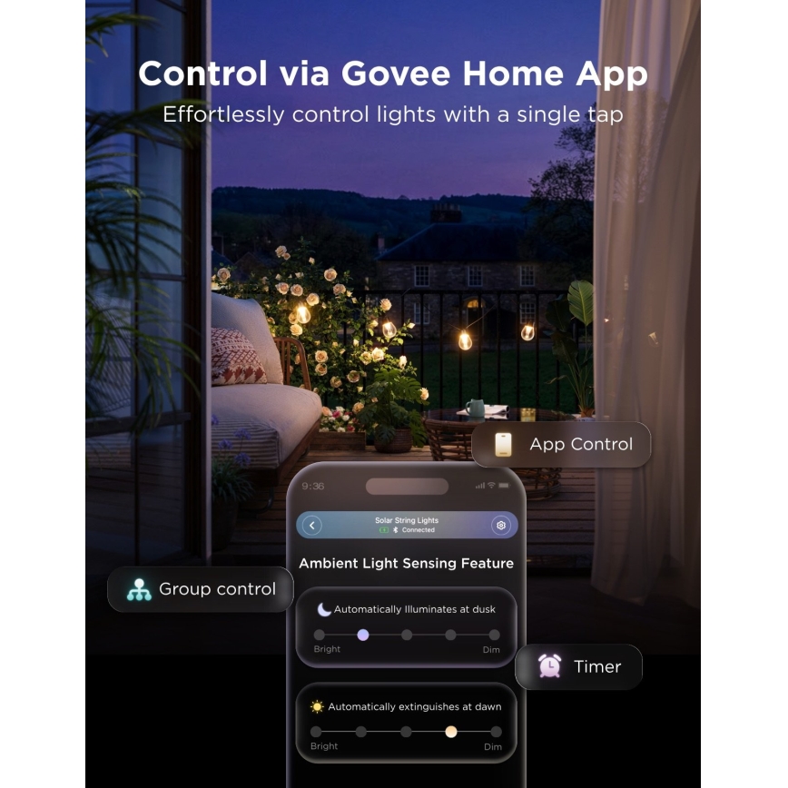 Govee - Guirlande solaire LED RGBICW 8xLED/6W/5V Wi-Fi Matter IP67