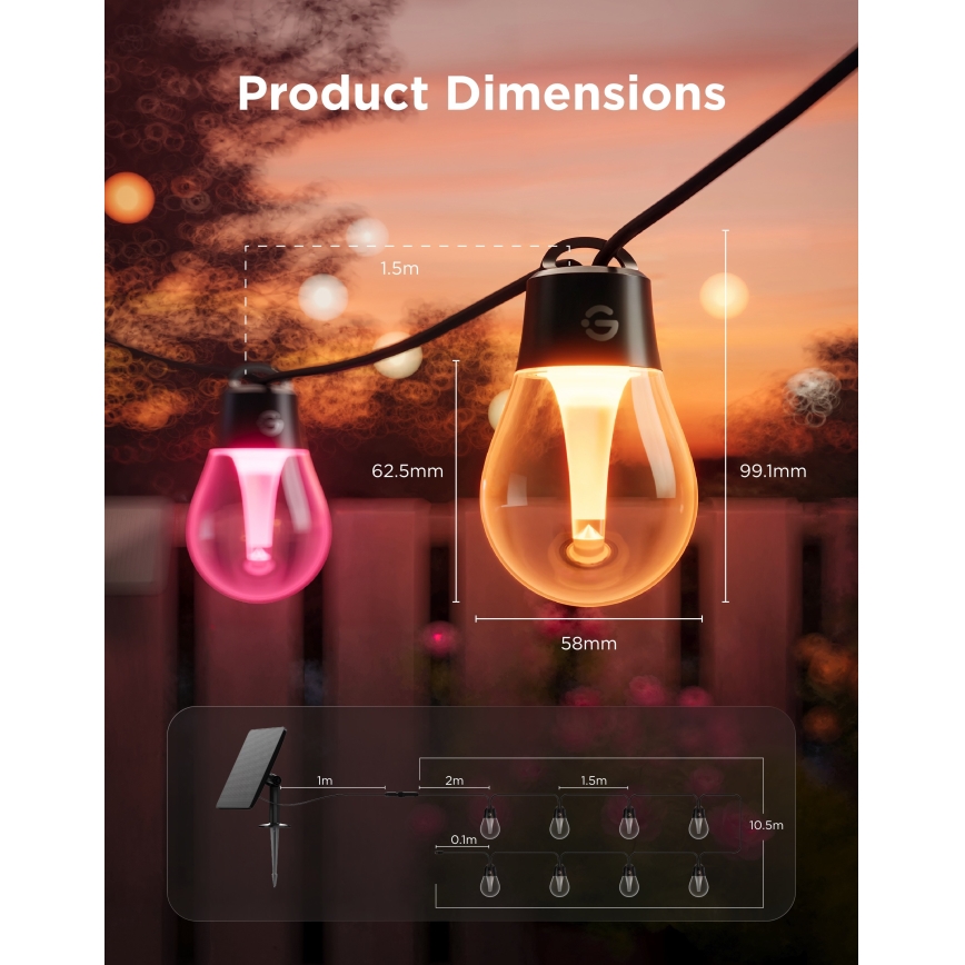 Govee - Guirlande solaire LED RGBICW 8xLED/6W/5V Wi-Fi Matter IP67