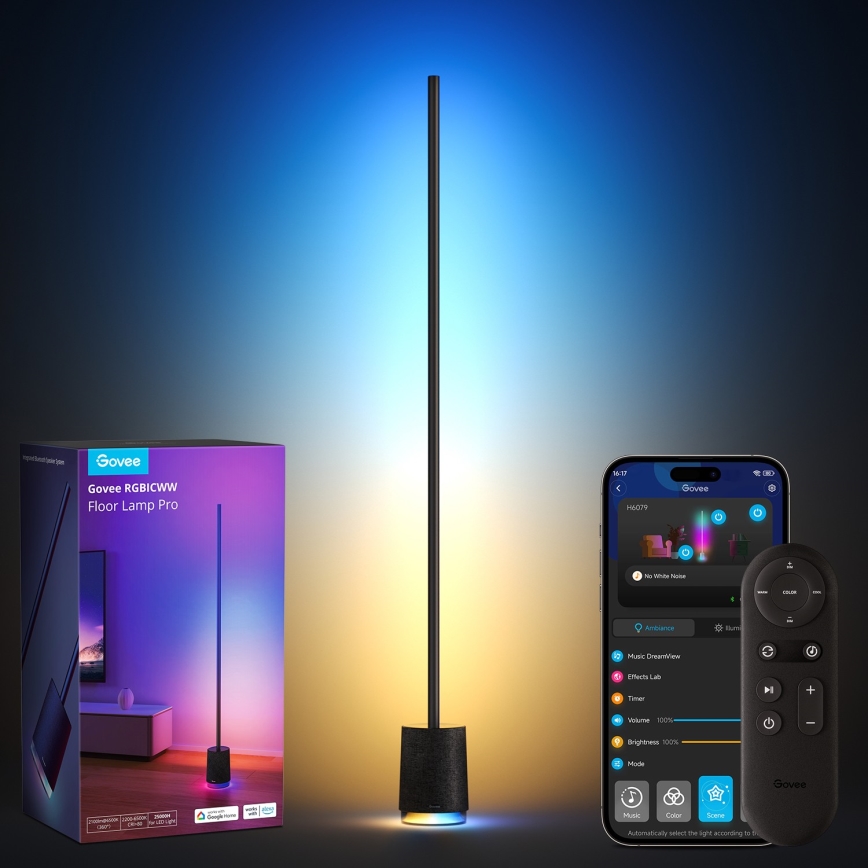 Govee - Lampadaire à intensité variable avec haut-parleur Pro RGBICWW 2200-6500K Wi-Fi + télécommande
