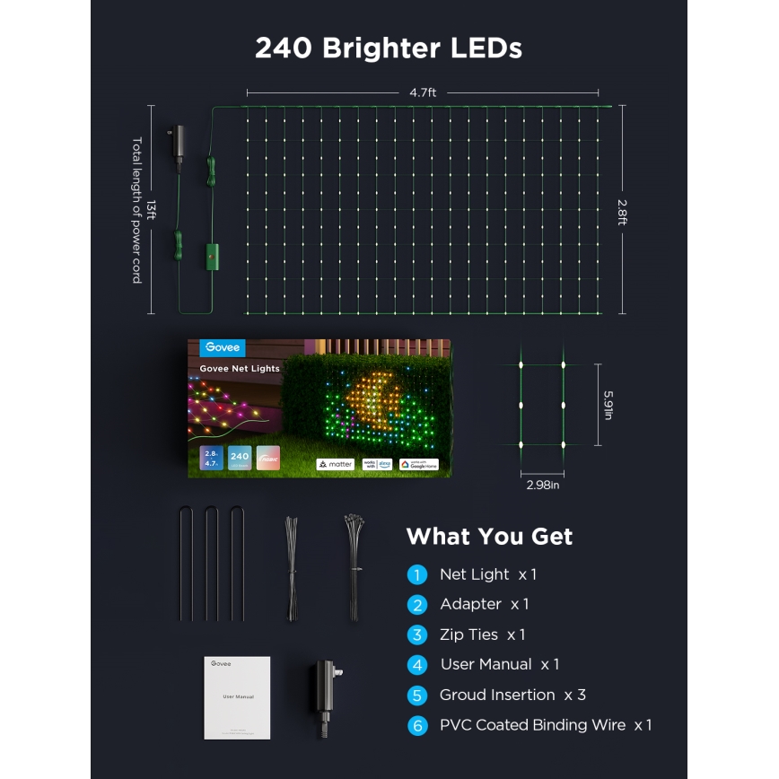 Govee - LED RGBIC lichtnet voor buiten, 143 x 85 cm, Wi-Fi en Matter, IP65