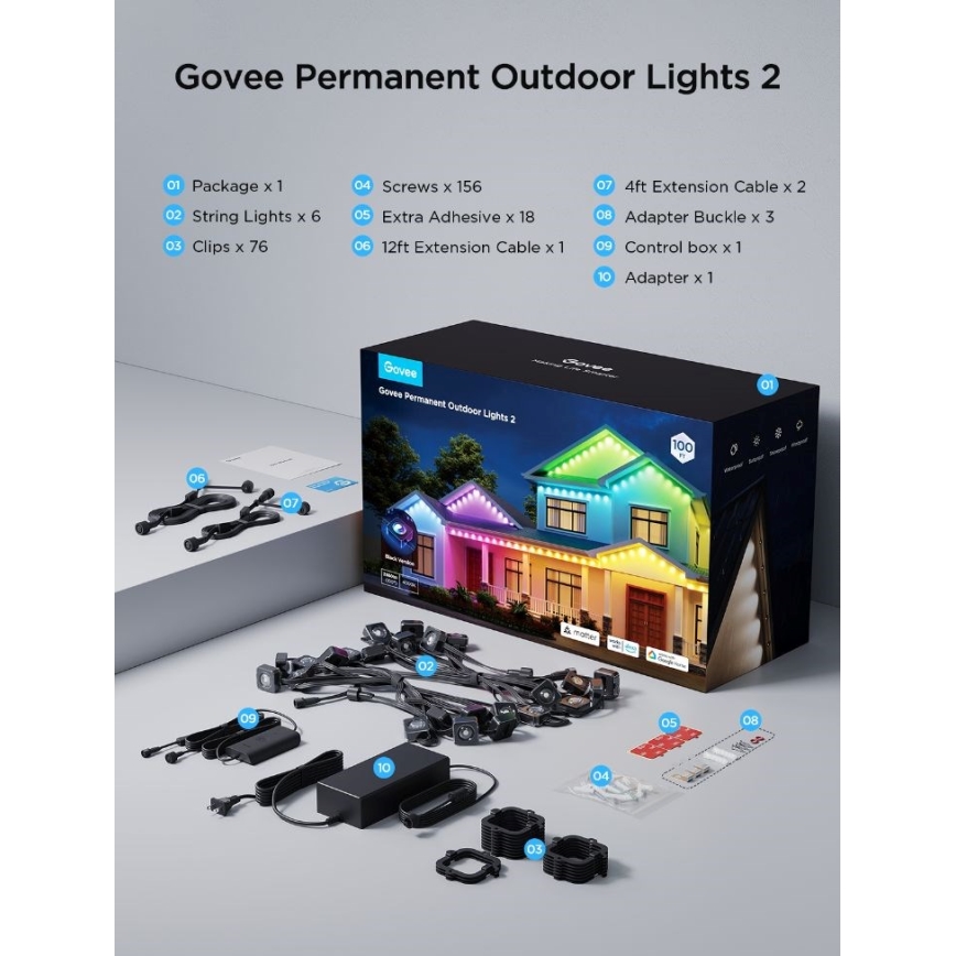 Govee - LED RGBIC-snoer met inbouwspots 30m Wi-Fi Matter IP67