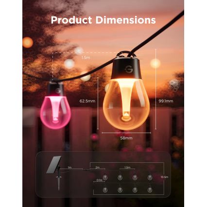 Govee - LED RGBICW Lichtsnoer op zonne-energie 8xLED/6W/5V Wi-Fi Matter IP67