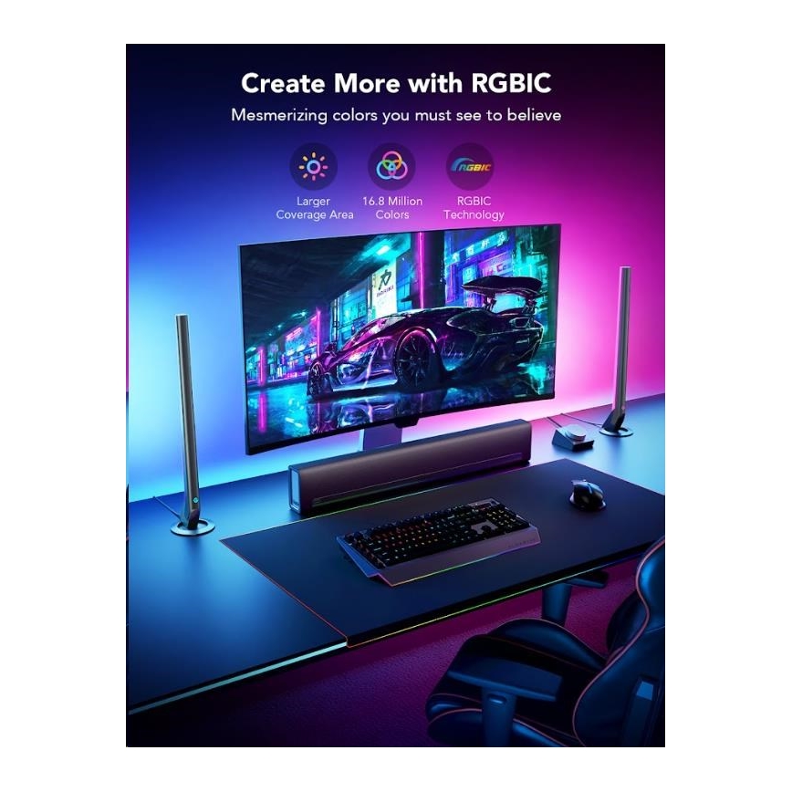 Govee - LOT 2x Smart Gaming Wi-Fi LED RGBIC Panels + Smart Dual + télécommande