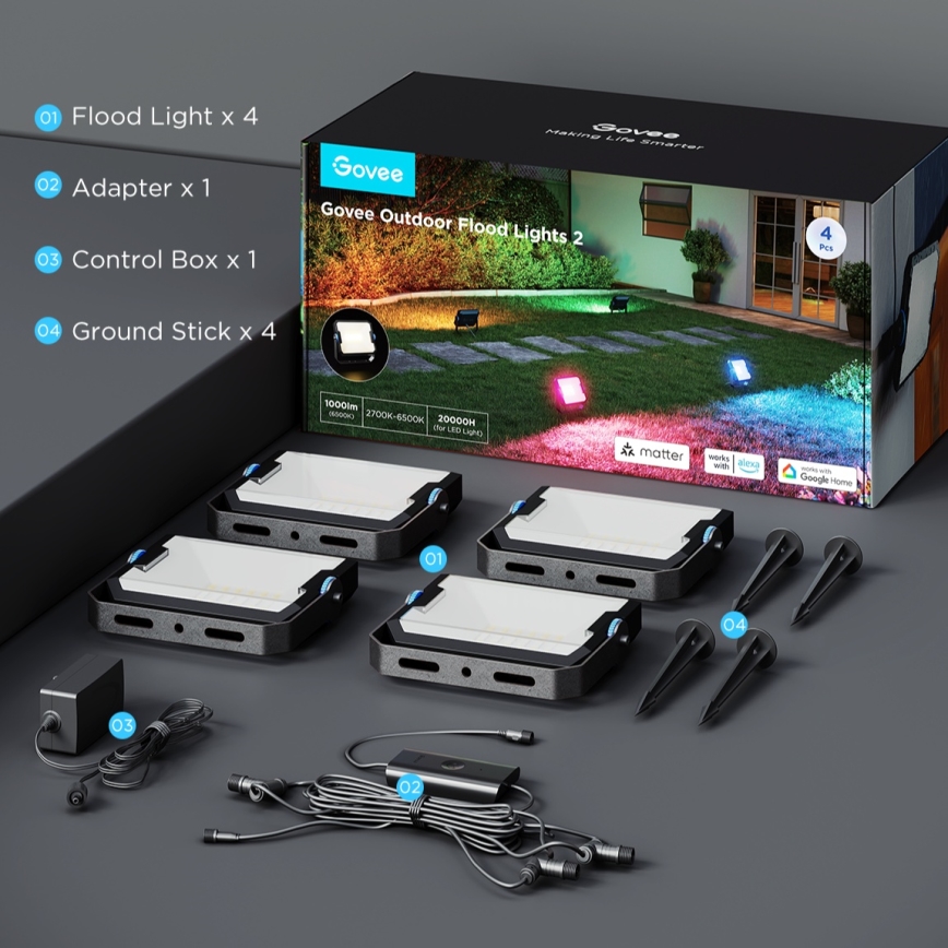 Govee - Lot de 4 projecteurs LED RGBICWW dimmables, 24 W, 230 V, IP66, compatibles Matter et Wi‑Fi