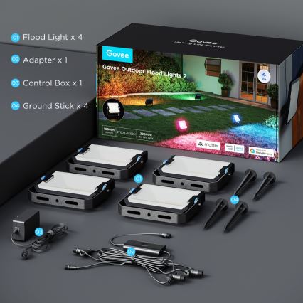 Govee - Set van 4 dimbare LED RGBICWW-schijnwerpers 24W/230V IP66 Matter Wi-Fi