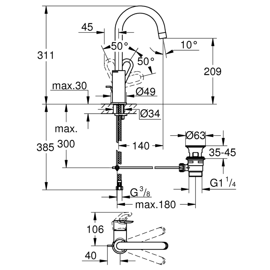 GROHE 23763000 - Wastafelkraan BAULOOP, maat L, glanzend chroom