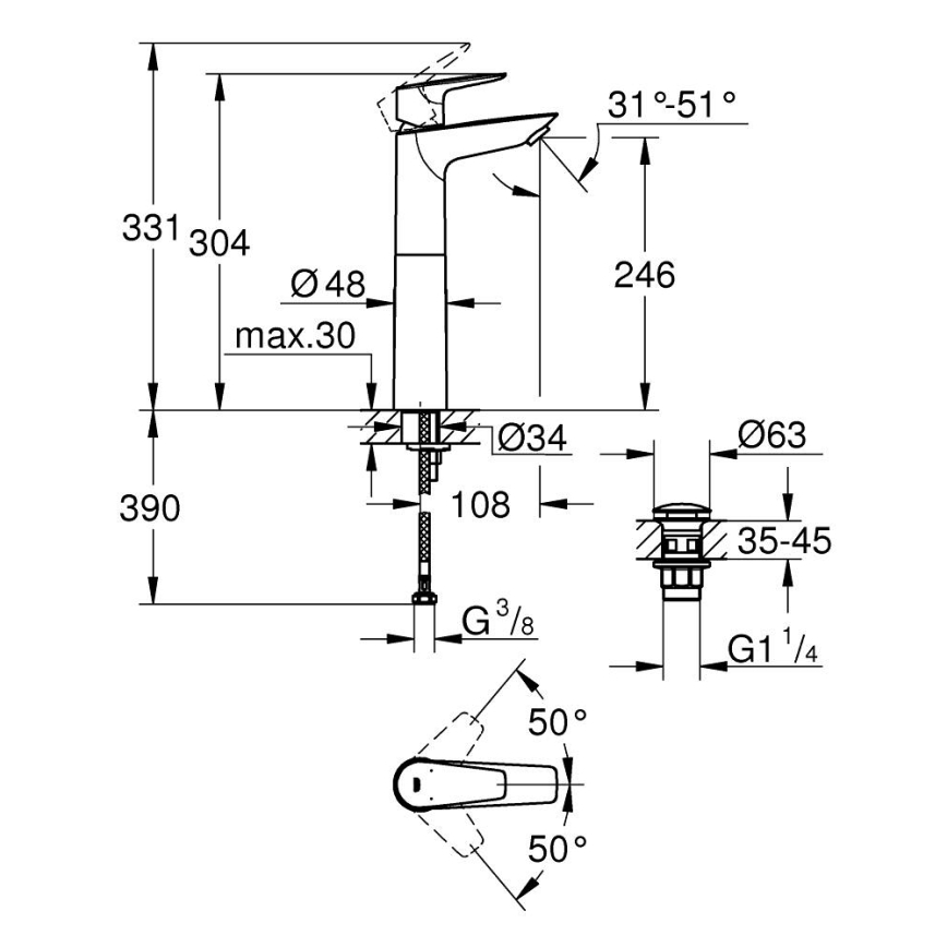 GROHE 23777001 - Wastafelkraan START EDGE maat XL glanzend chroom